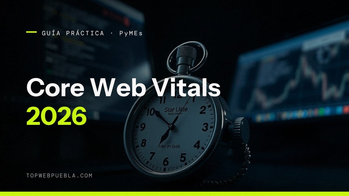 Portada de la guía de Core Web Vitals 2026 para PyMEs: un cronómetro mecánico sobre un escritorio oscuro