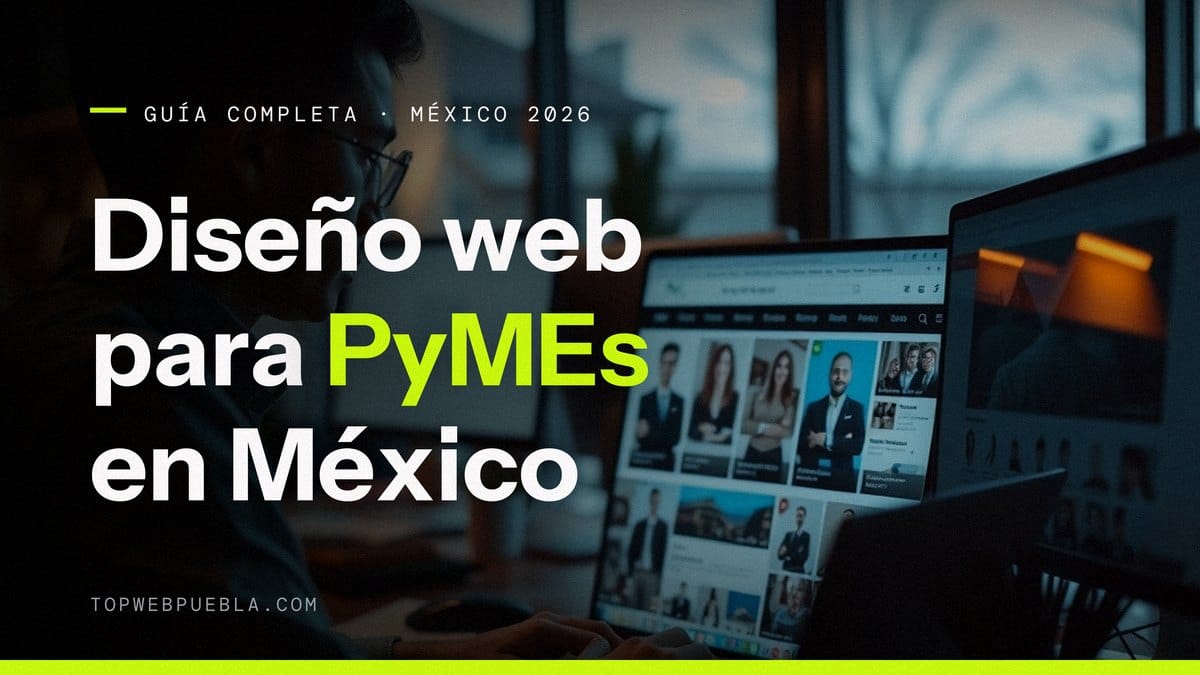 Portada de la guía de diseño de páginas web para PyMEs en México 2026: una persona revisa el diseño de un sitio en pantalla en una oficina en penumbra