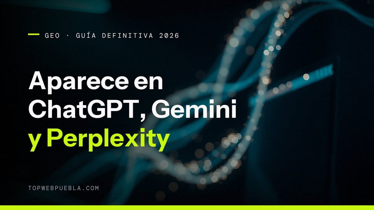 Portada de la guía de GEO para aparecer en ChatGPT, Gemini y Perplexity: estelas de luz y una red de partículas luminosas sobre fondo oscuro