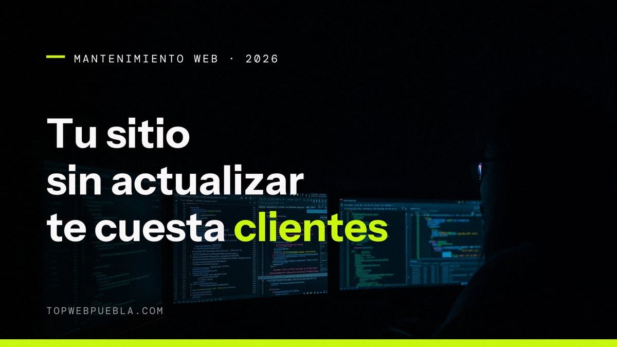 Portada sobre mantenimiento web en México 2026: pantallas con código y paneles de monitorización de un sitio en una sala oscura