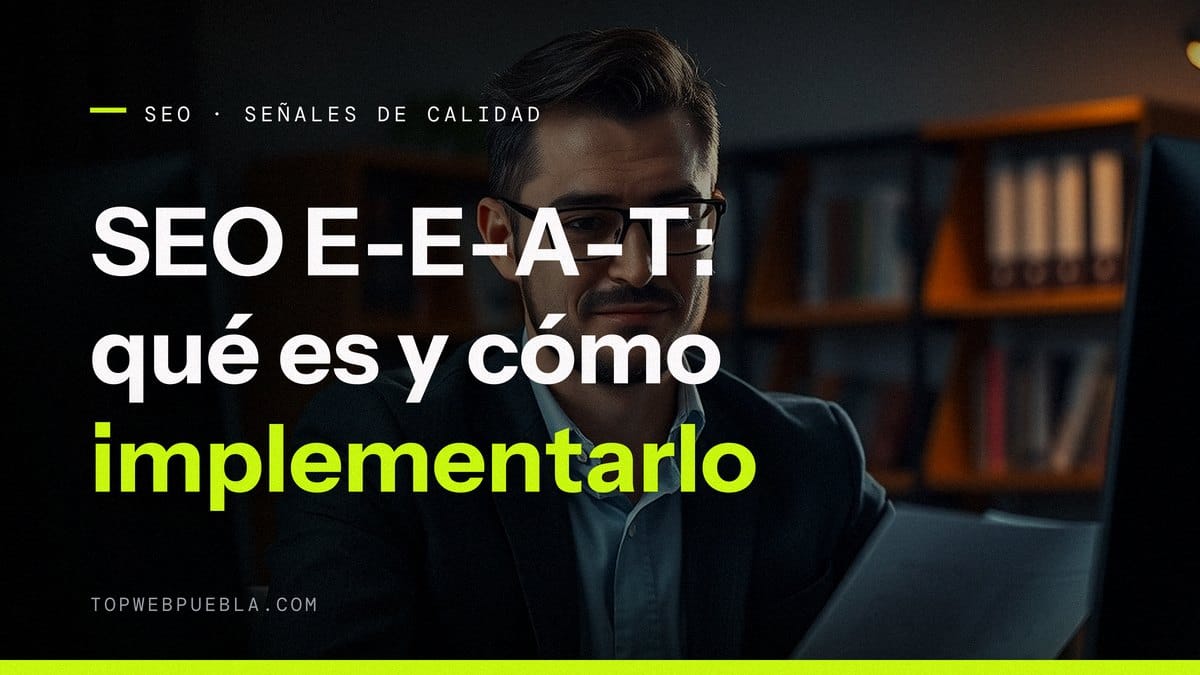 Portada sobre SEO E-E-A-T: un profesional revisa documentos en una oficina con una estantería de libros al fondo